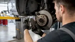 Mechanic inspecting worn brake pads and rotor