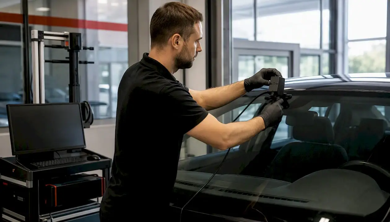 Technician calibrating vehicle ADAS sensor