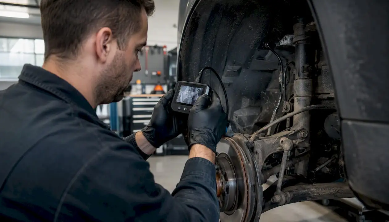 Technician documenting vehicle inspection