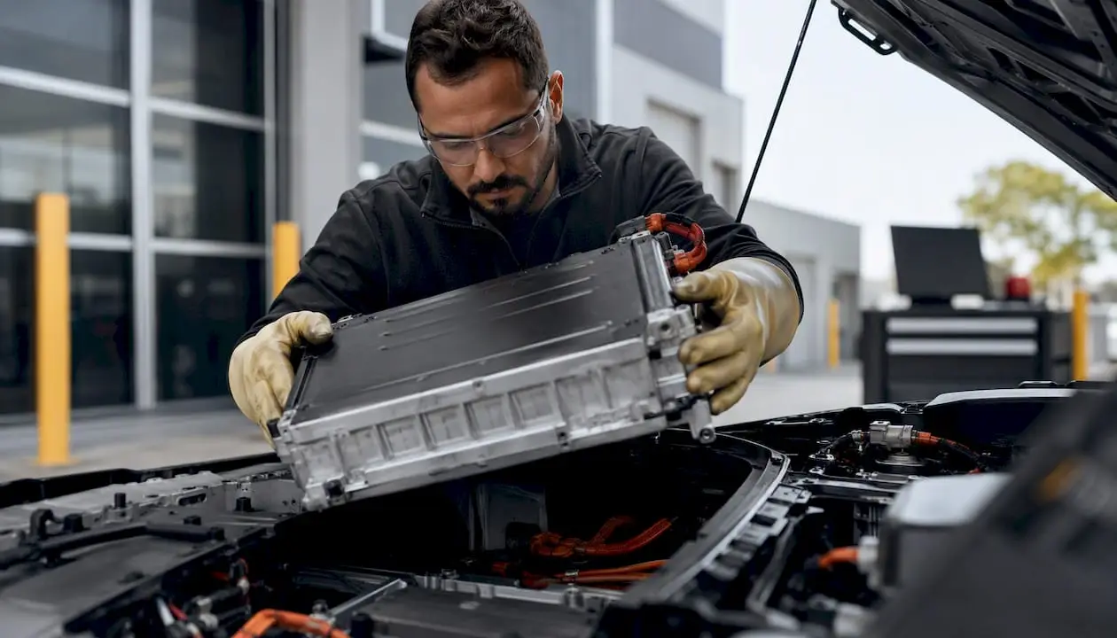 Technician handling hybrid car battery