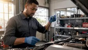 Technician checking engine oil dipstick in engine bay