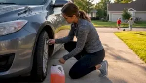 Hands checking car tire pressure in driveway