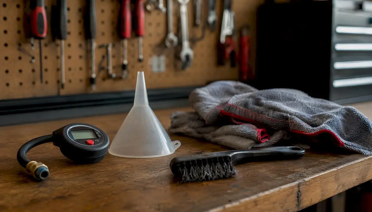 Basic car maintenance tool kit on workbench