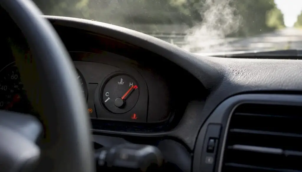 Car engine temperature gauge near red zone