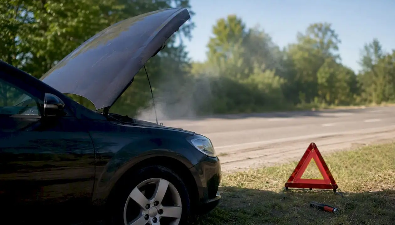 Open car hood with steam roadside