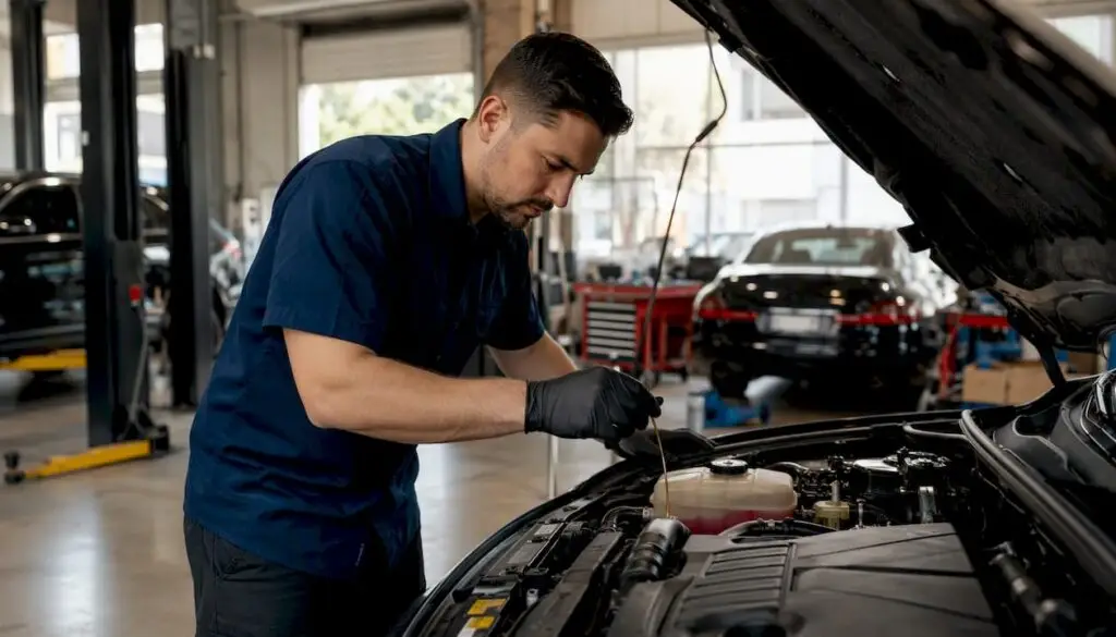Hands checking car coolant level in engine bay