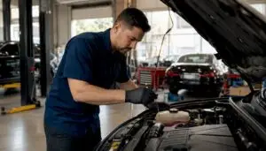 Hands checking car coolant level in engine bay