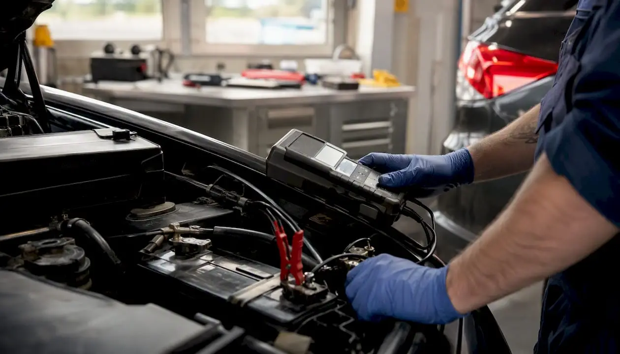 Technician performing battery load test in service bay