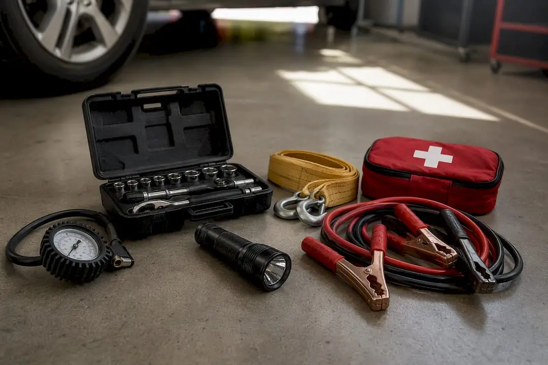 Compact vehicle toolkit and roadside tools