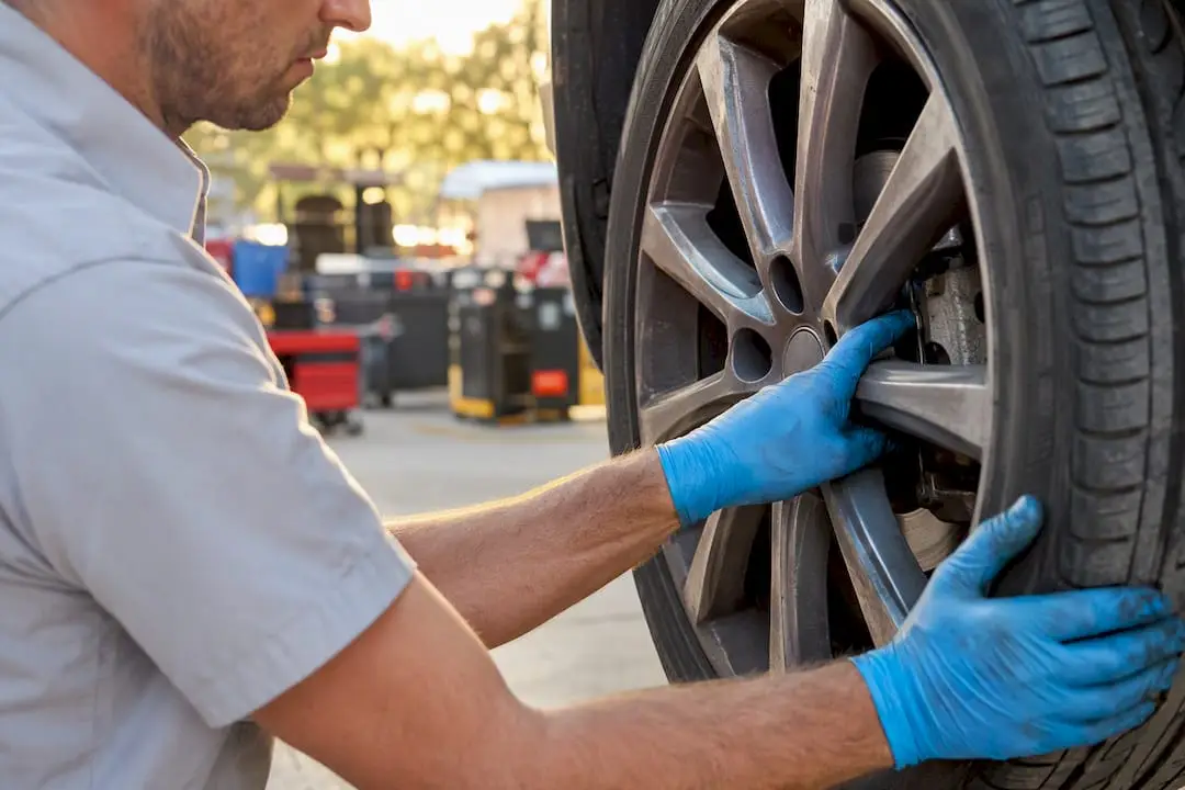 Technician rotating tire and checking brakes