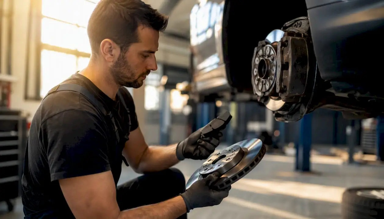Gloved hands inspecting brake components