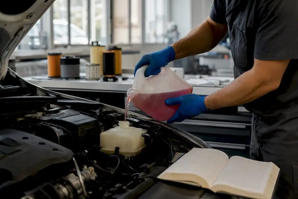Hands pouring coolant in car radiator