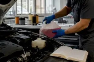 Hands pouring coolant in car radiator