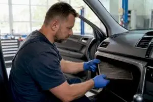 Mechanic removing dirty cabin air filter