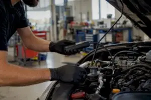 Technician using leak detector on car AC system
