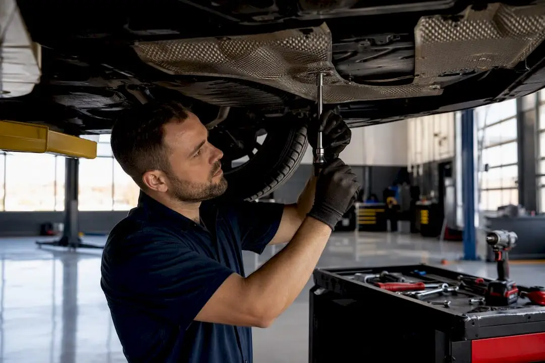 Mechanic removing heat shield for fuel tank access