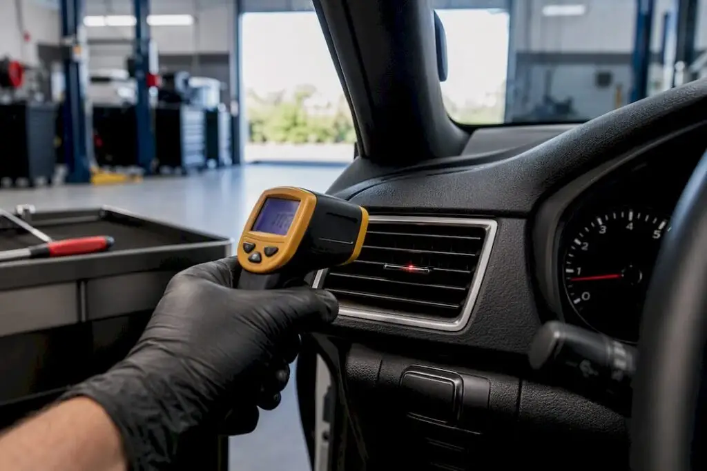 Technician measuring car AC vent temperature