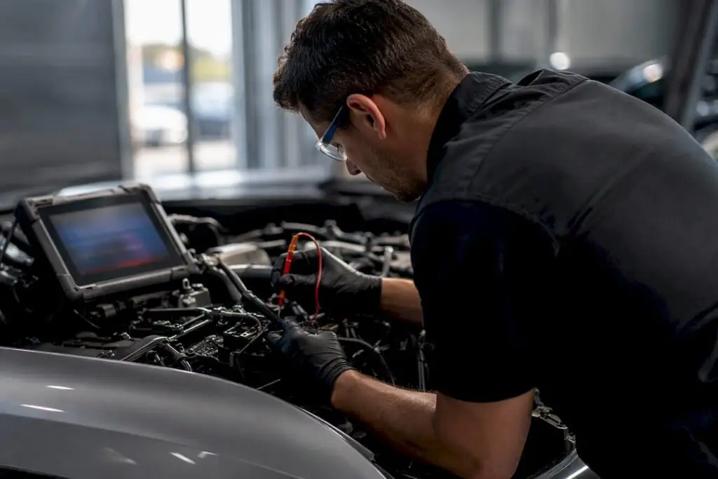 Technician checking vehicle wiring during diagnosis