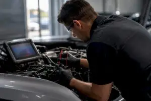 Technician checking vehicle wiring during diagnosis