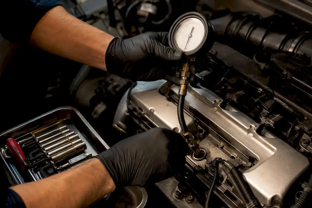 Technician performing an engine compression test