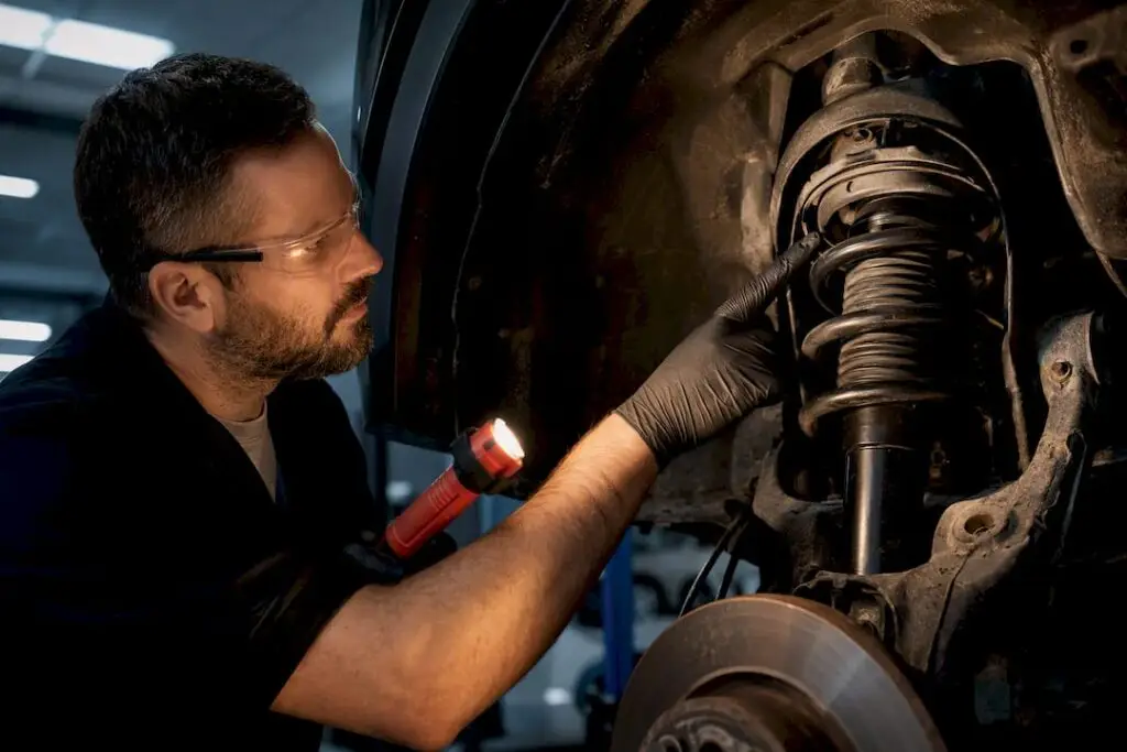 Technician inspecting exposed shock and strut assembly
