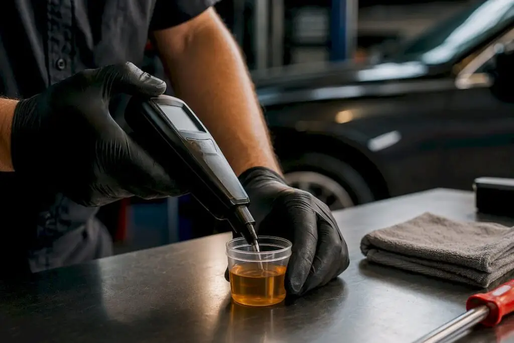 Technician testing brake fluid moisture