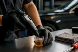 Technician testing brake fluid moisture