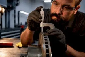 Technician measuring brake rotor thickness