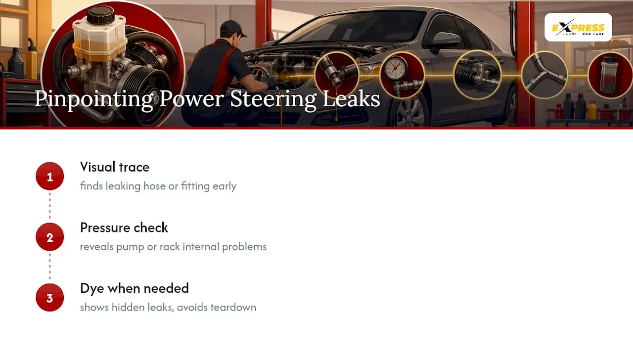 Three shop tests tracing steering leak source