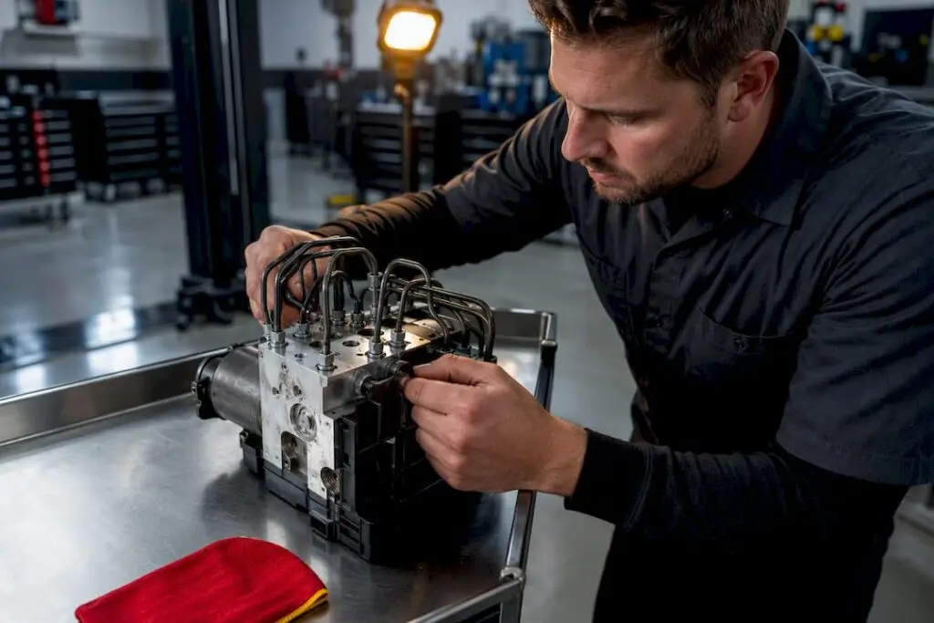 Technician inspecting an ABS brake module