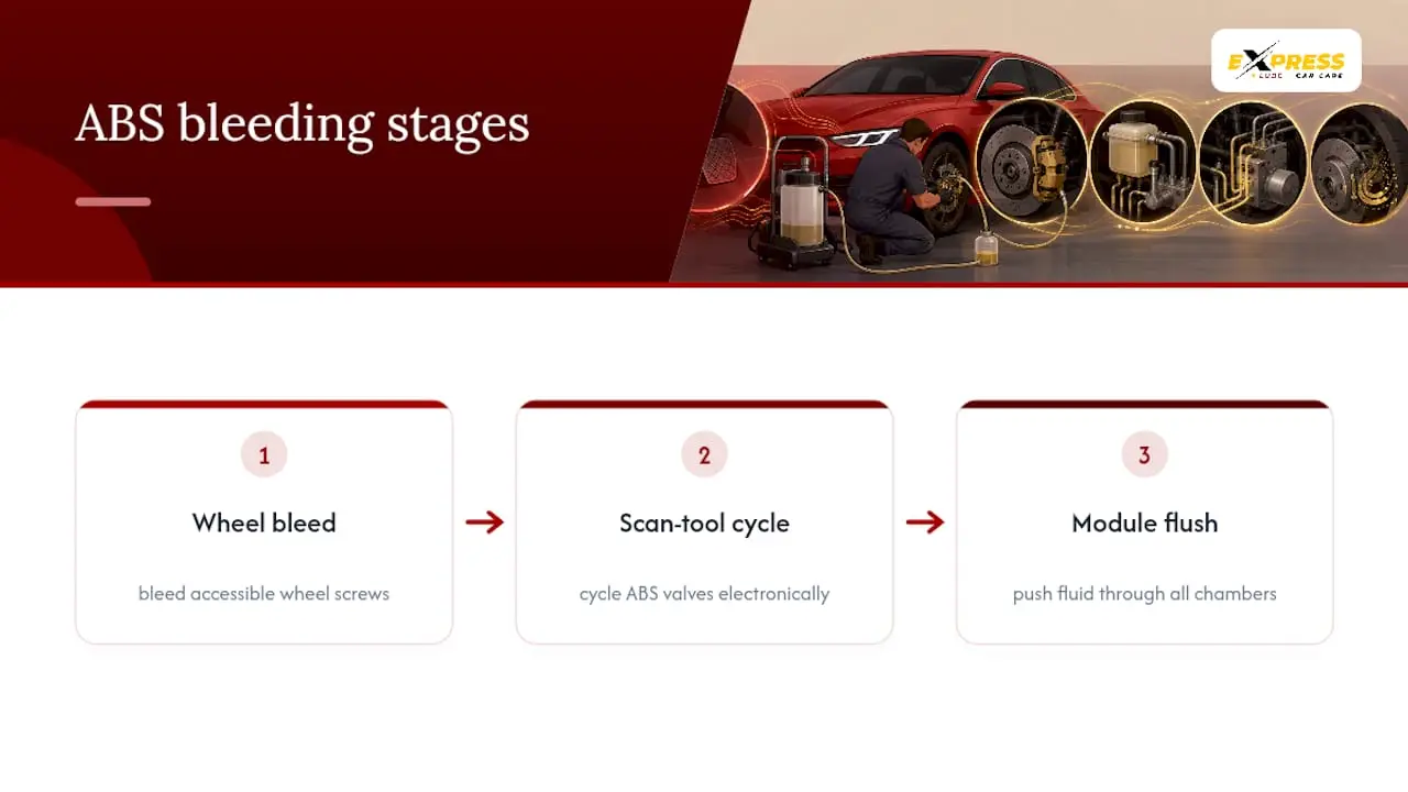 Three-stage ABS brake bleeding process