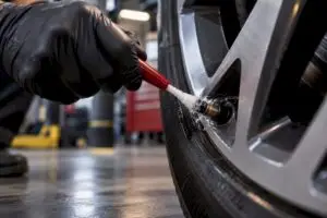 Technician locating bubbles at tire valve