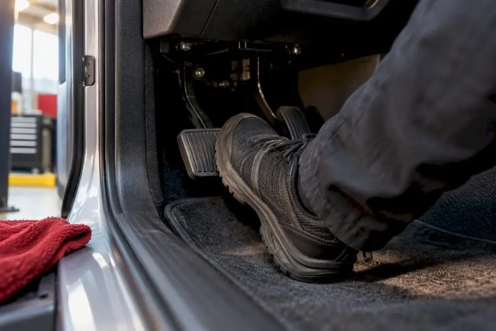 Foot pressing brake pedal in service vehicle