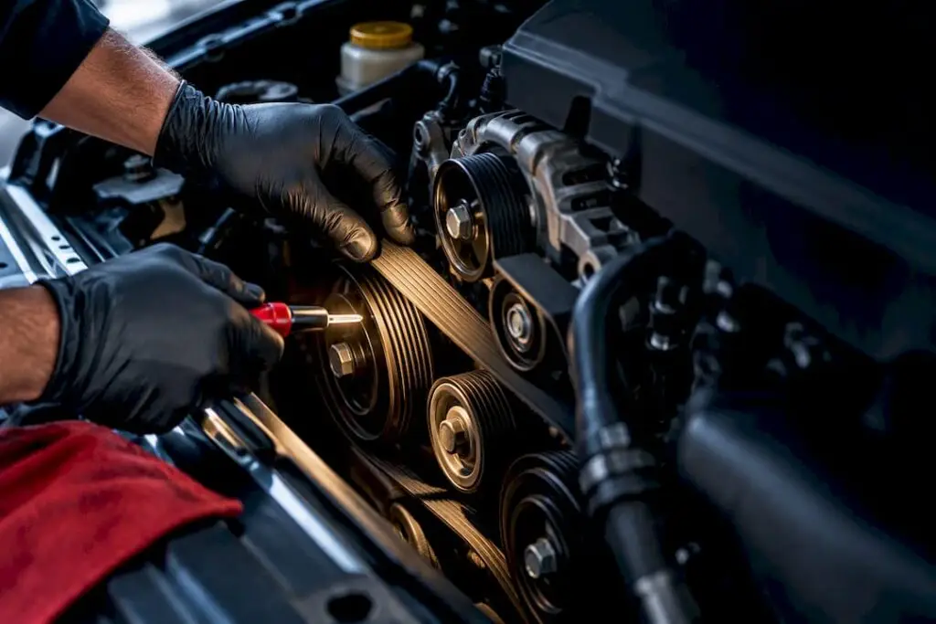 Technician inspecting serpentine belt and pulleys