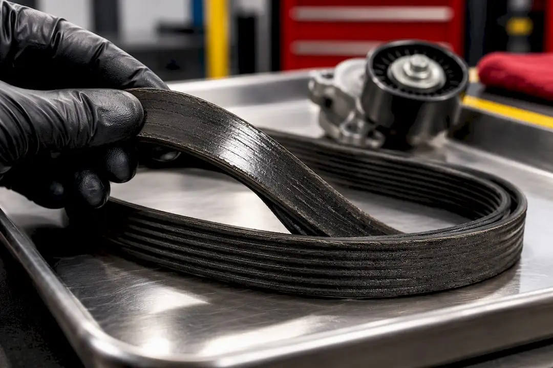 Glazed serpentine belt showing shiny rubber surface
