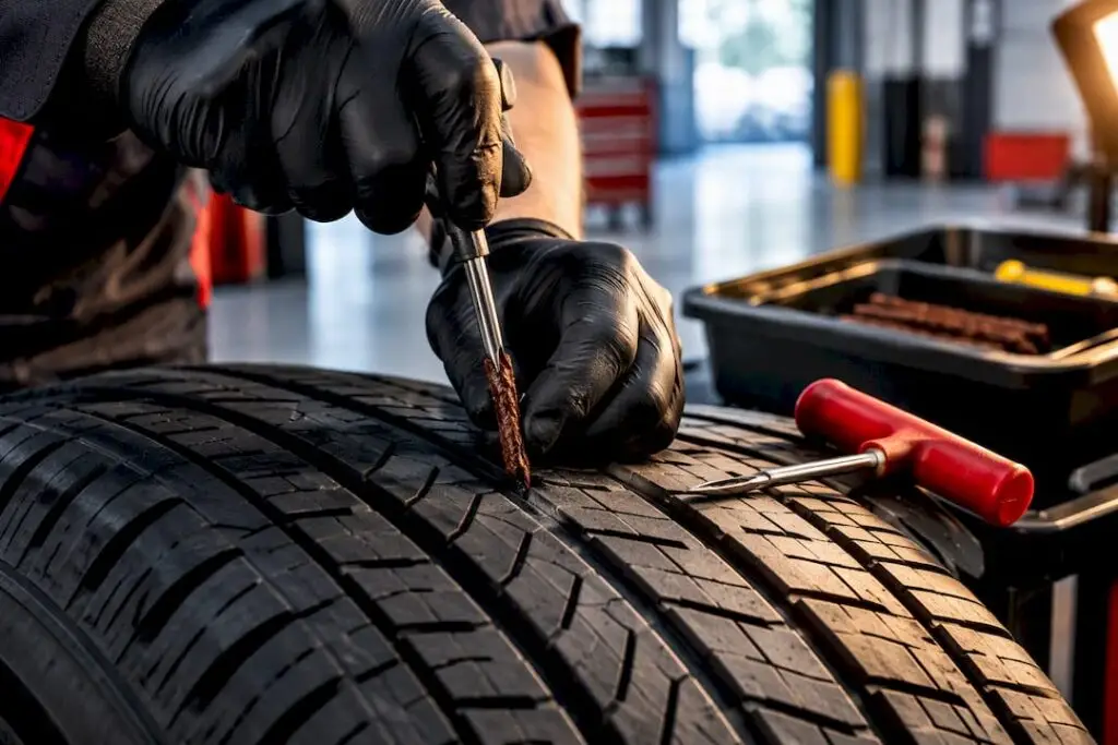 Technician repairing a tire tread puncture