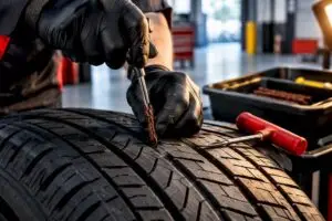 Technician repairing a tire tread puncture