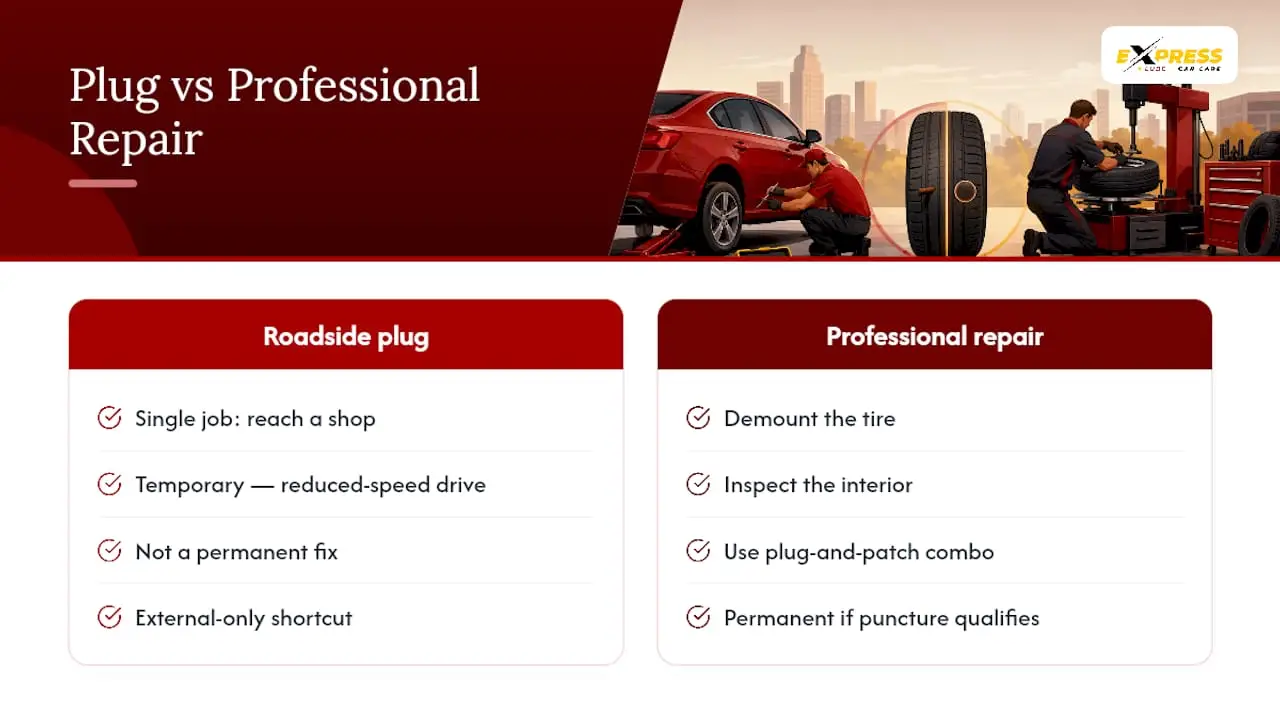 External plug versus professional tire repair paths