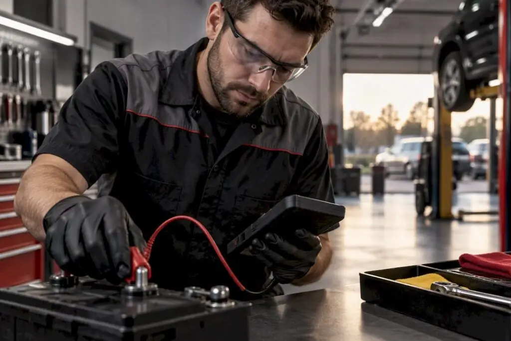 Technician testing battery terminals in service bay