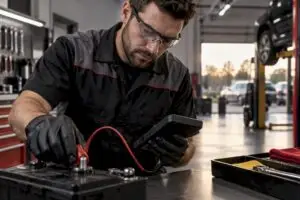 Technician testing battery terminals in service bay