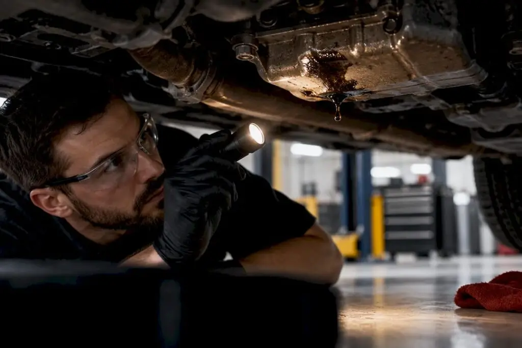 Technician inspecting an underside oil leak
