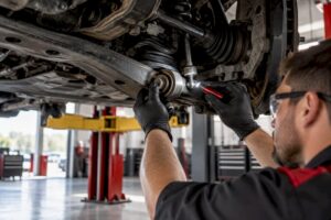 Technician inspecting vehicle suspension components