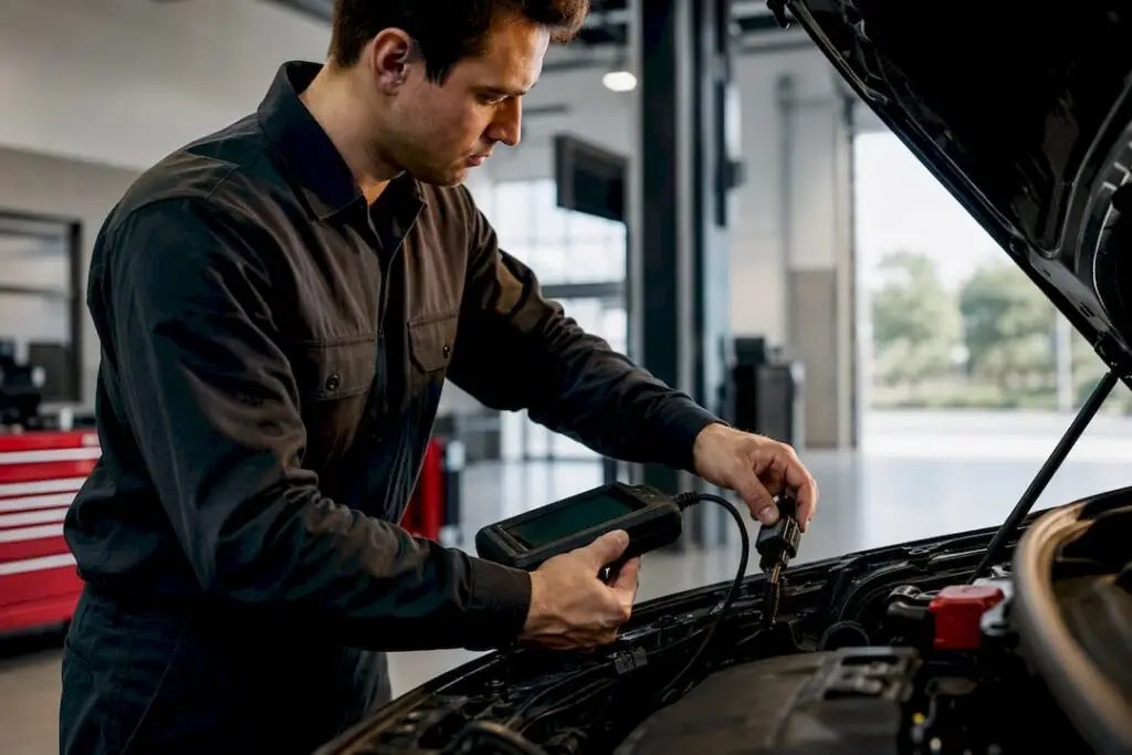 Technician performing car electrical diagnostics