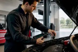 Technician performing car electrical diagnostics