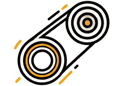 Stylized black belt drive with two orange-accented pulleys