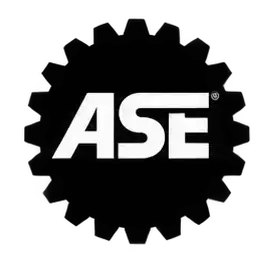 White ASE logo on a black background