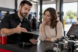 Driver discussing engine repair estimate with technician
