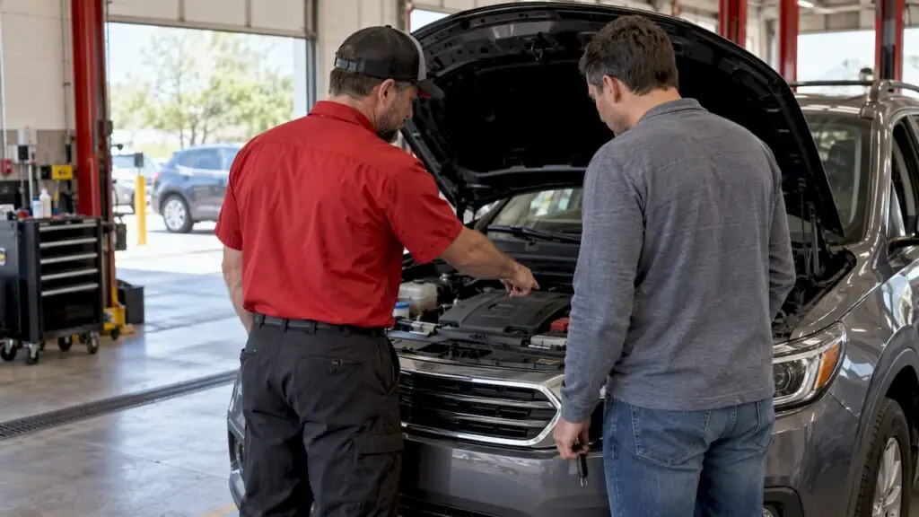 Buyer reviewing used car inspection with technician