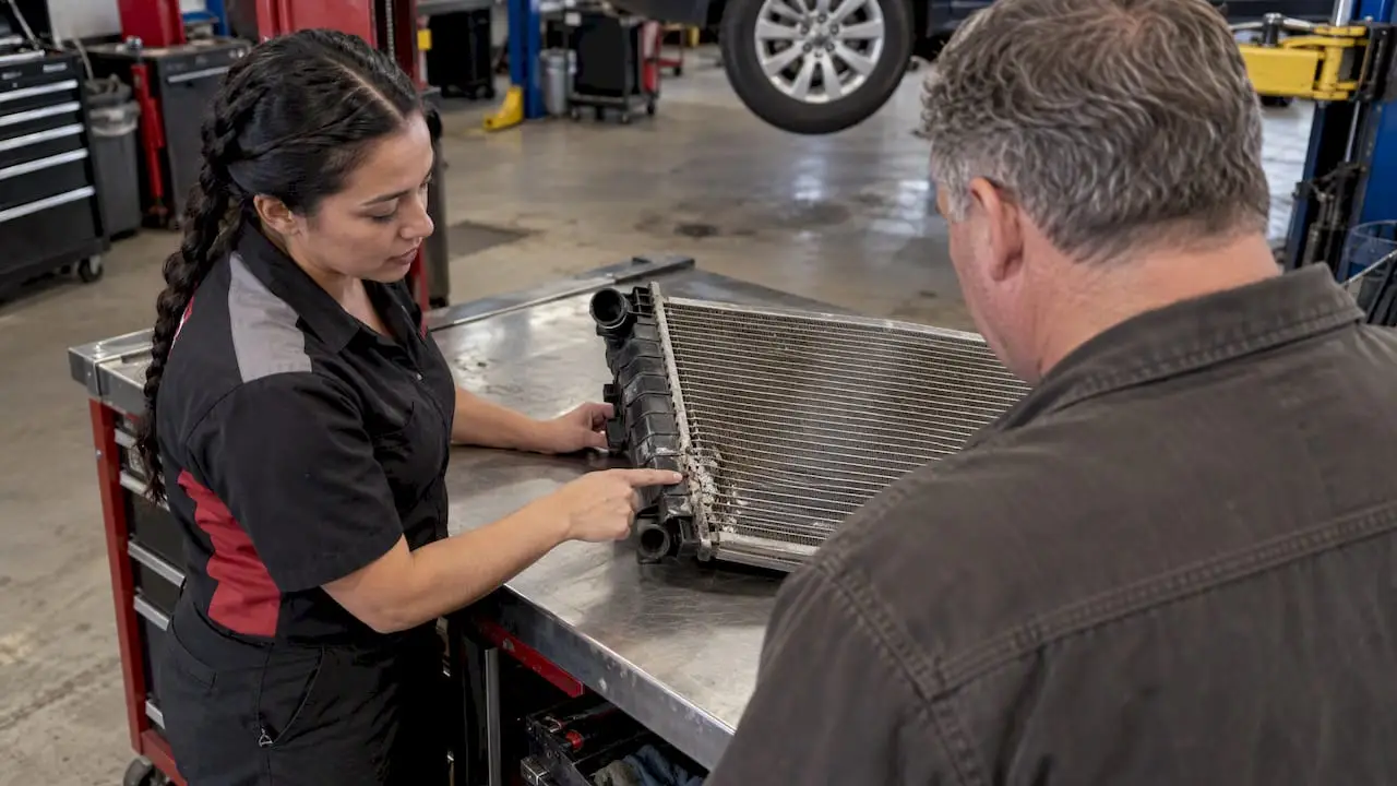 Technician showing failed radiator component