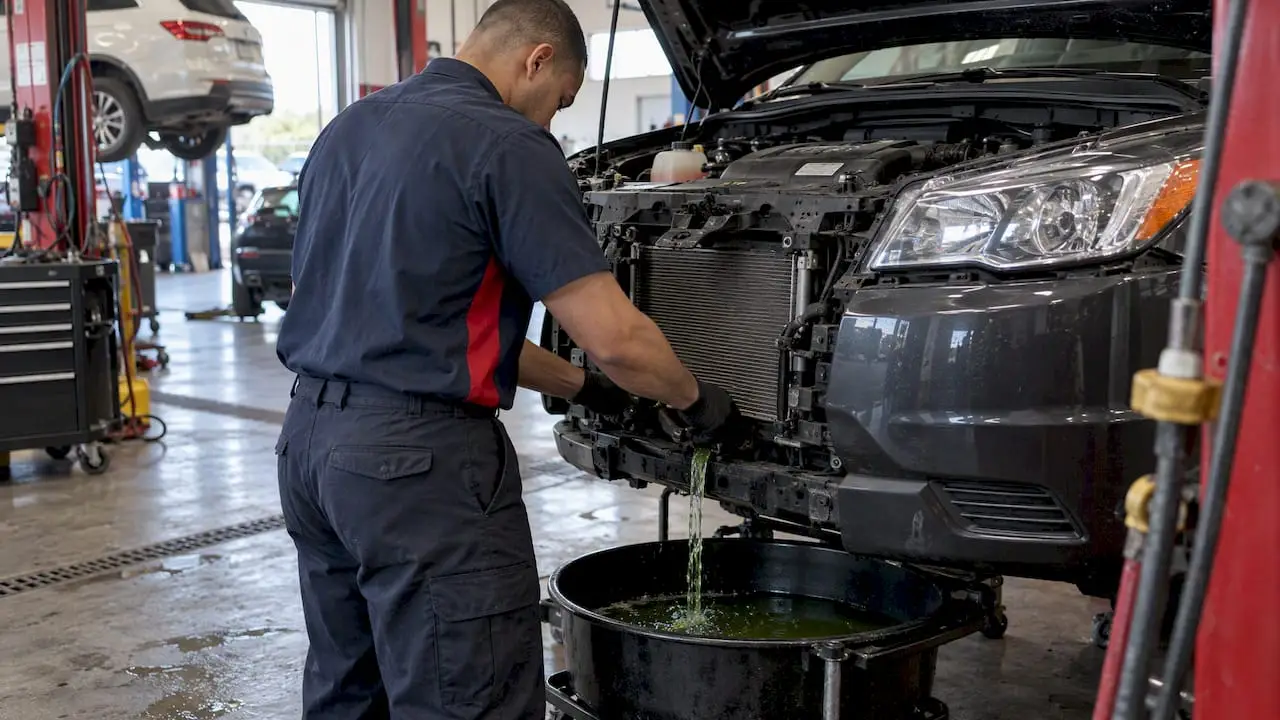 Technician performing radiator coolant flush